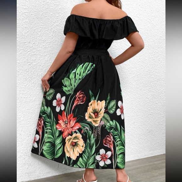 Plus size floral print off shoulder belted ruffle trim maxi dress - Picture 8 of 8